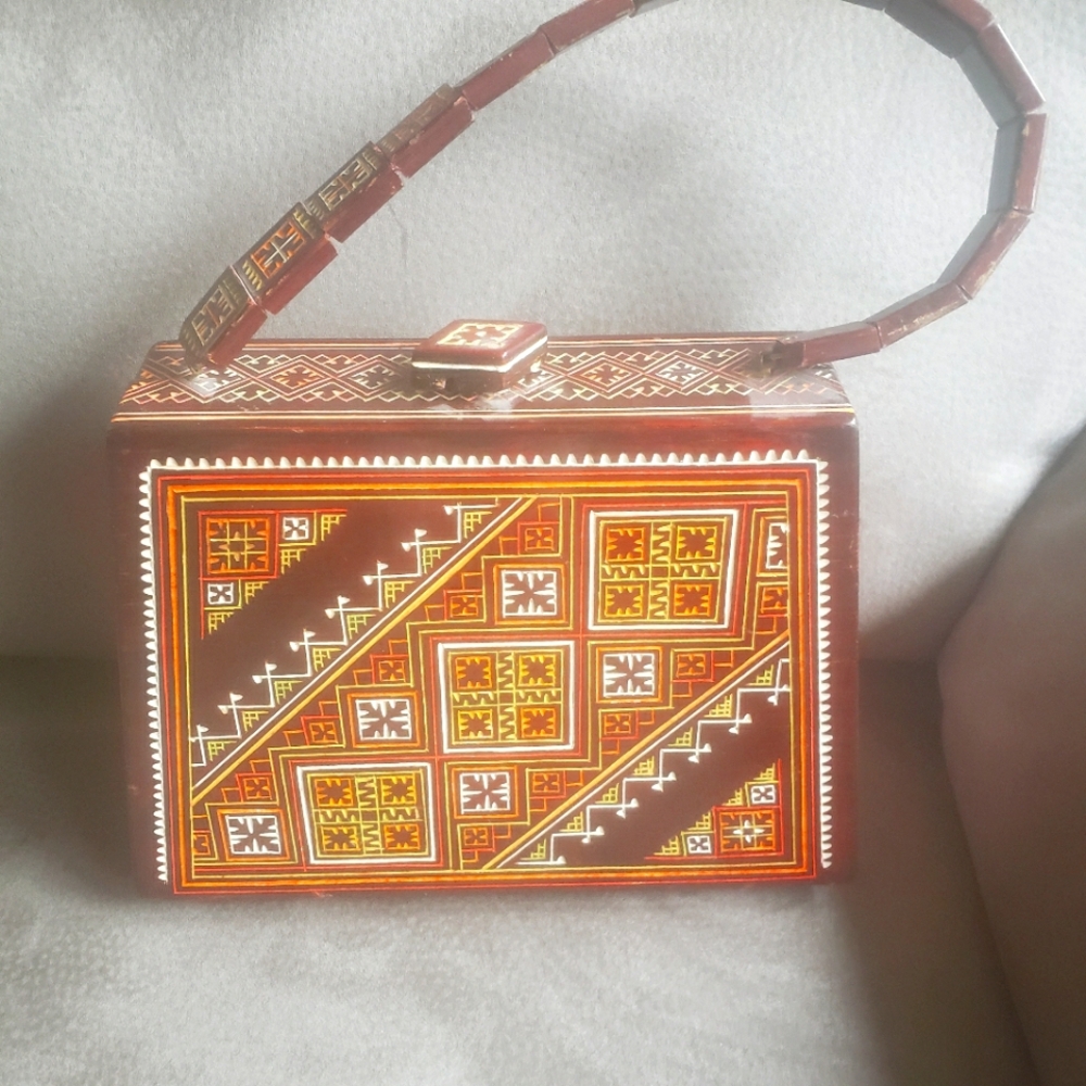 Artisan Geometric Patterned Brown Handbag - image 1